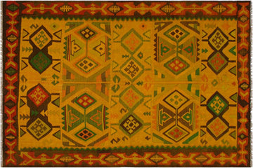Flat Weave Kilim, Antique, Navaho, Vintage, Handmade, Geometric Kilim Gold Rust Hand-Woven Rectangle 100% Wool Area Rug 8 x 11